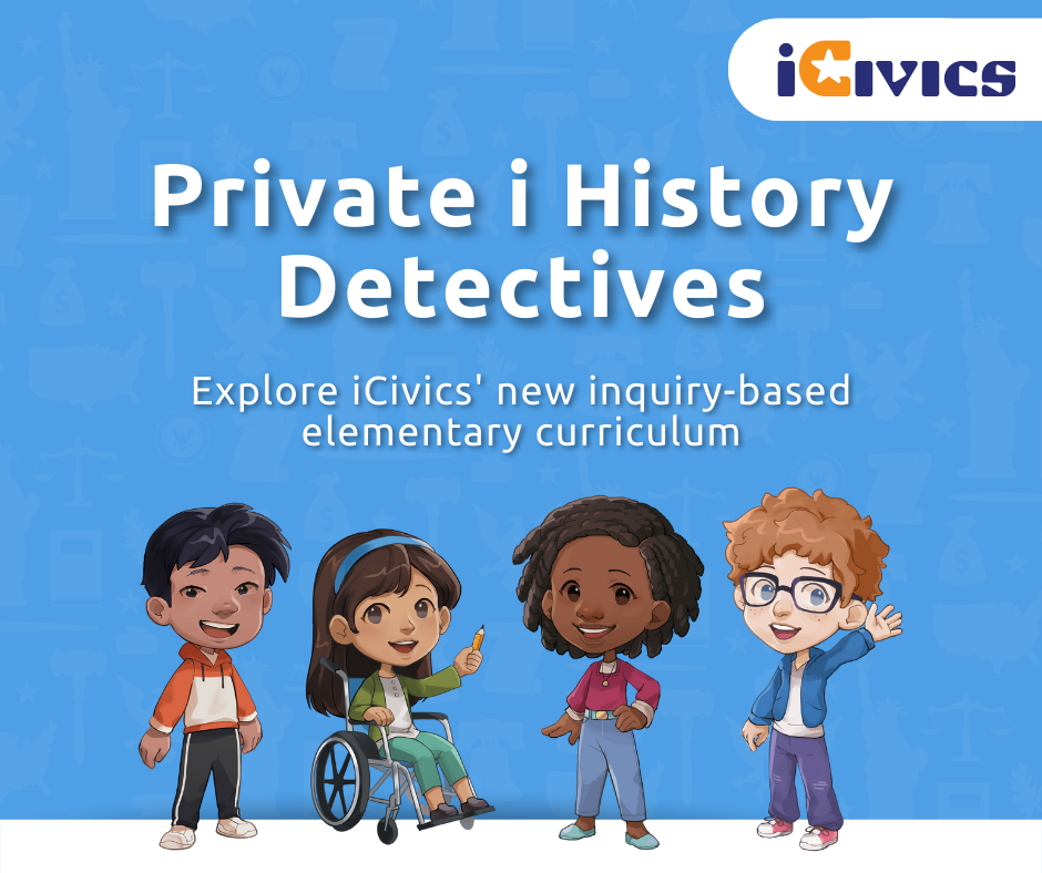 four cartoon school children stand under the title Private i History Detectives