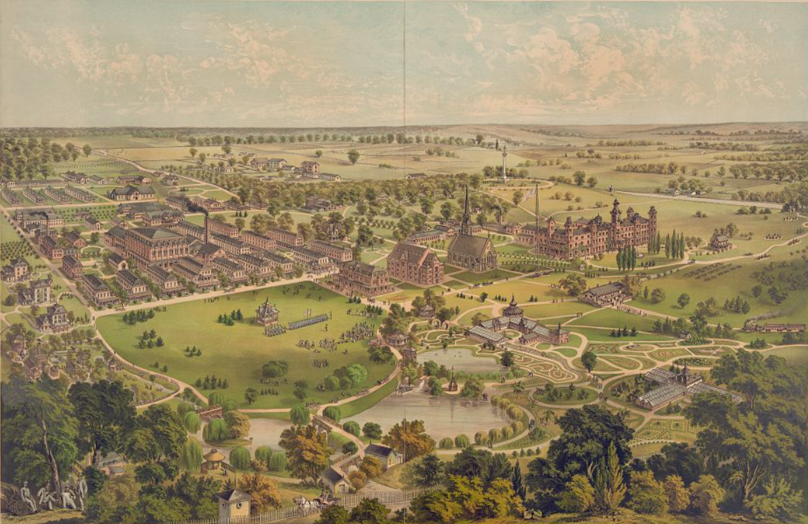 A picture of a sprawling campus fo the National Soldiers Home shows residences, workshops, fields, and woods. 