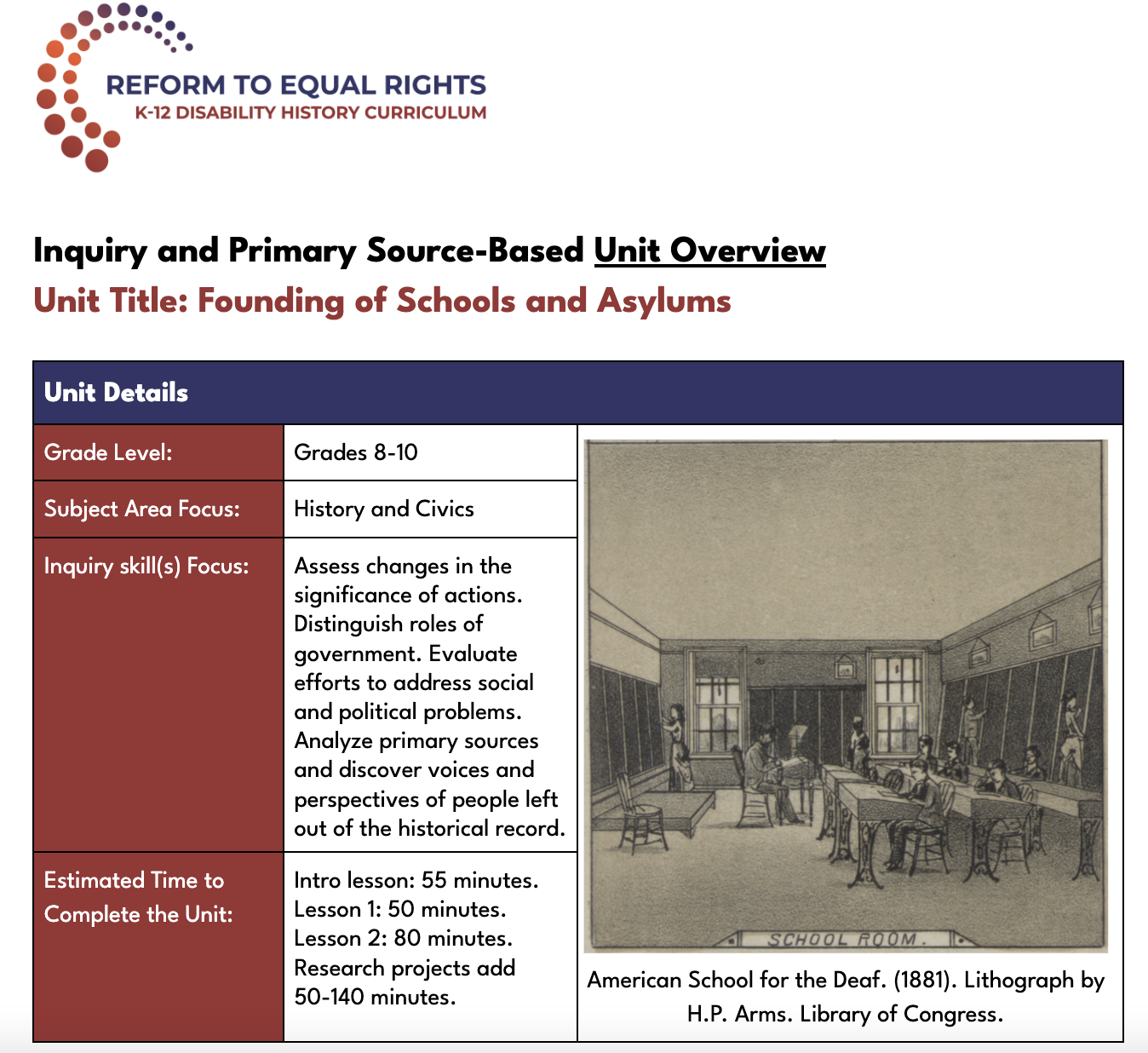 Screen shot of the cover of the unit plan for Founding of Schools and Asylums
