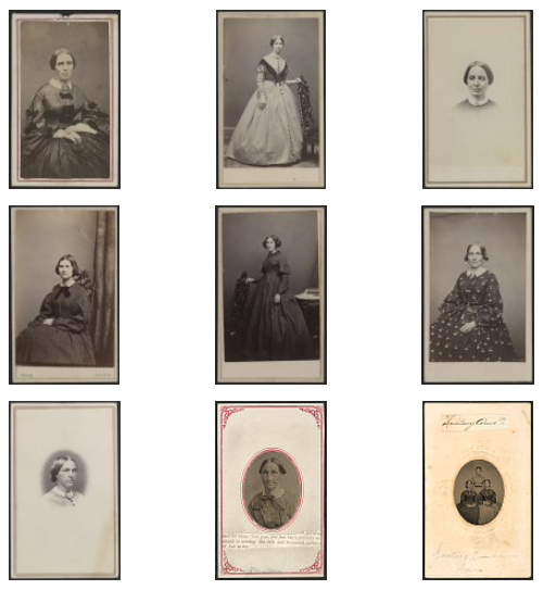 A block of nine thumbnail images of Civil War nurses from a Library of Congress search page. 