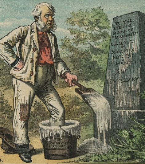 A Puck political cartoon shows a Republican politician trying to paint over a tombstone labeled Shame... Tewkesbury. 