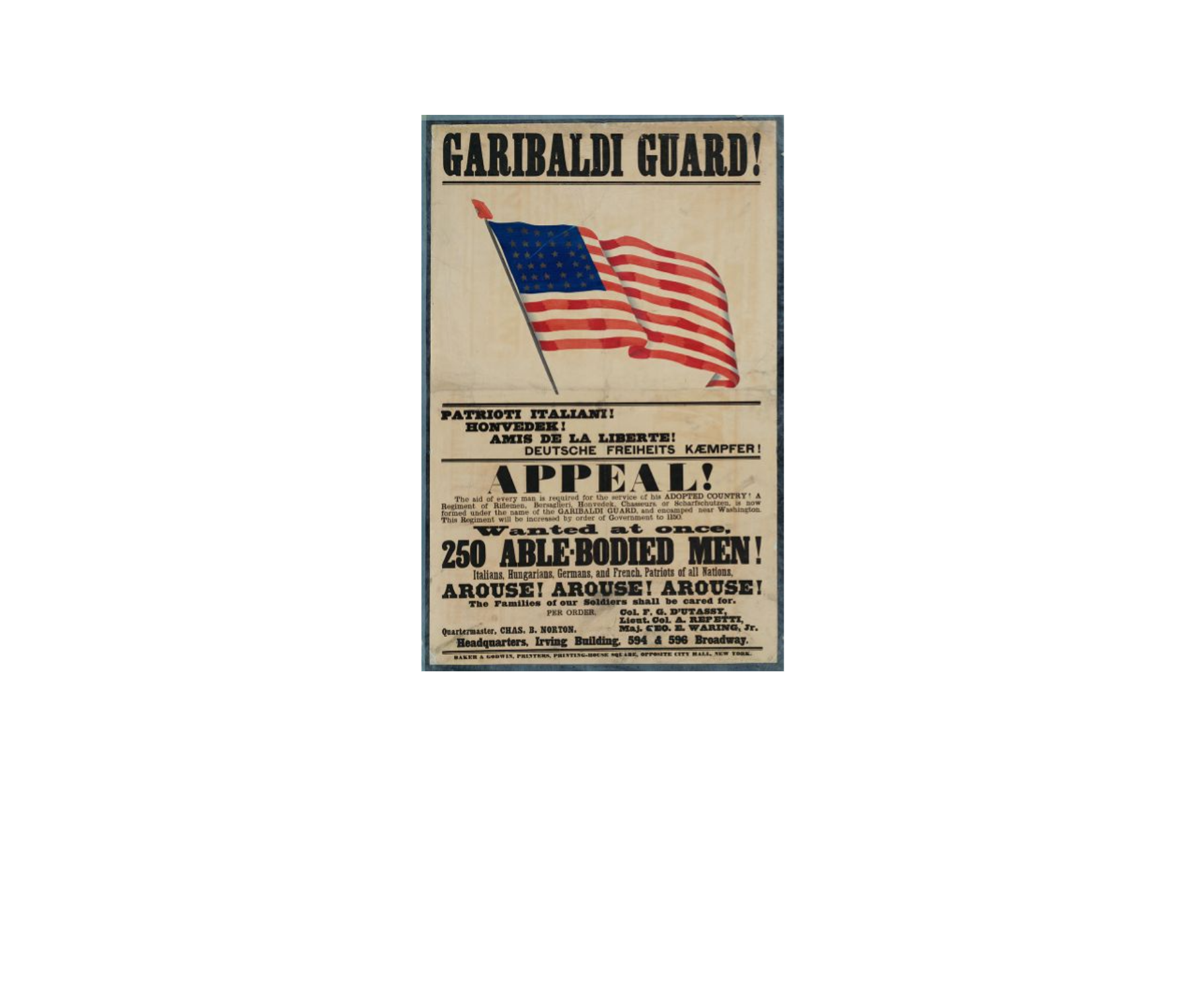 A US flag, with words Garibaldi Guard above, and appeals for 250 men
