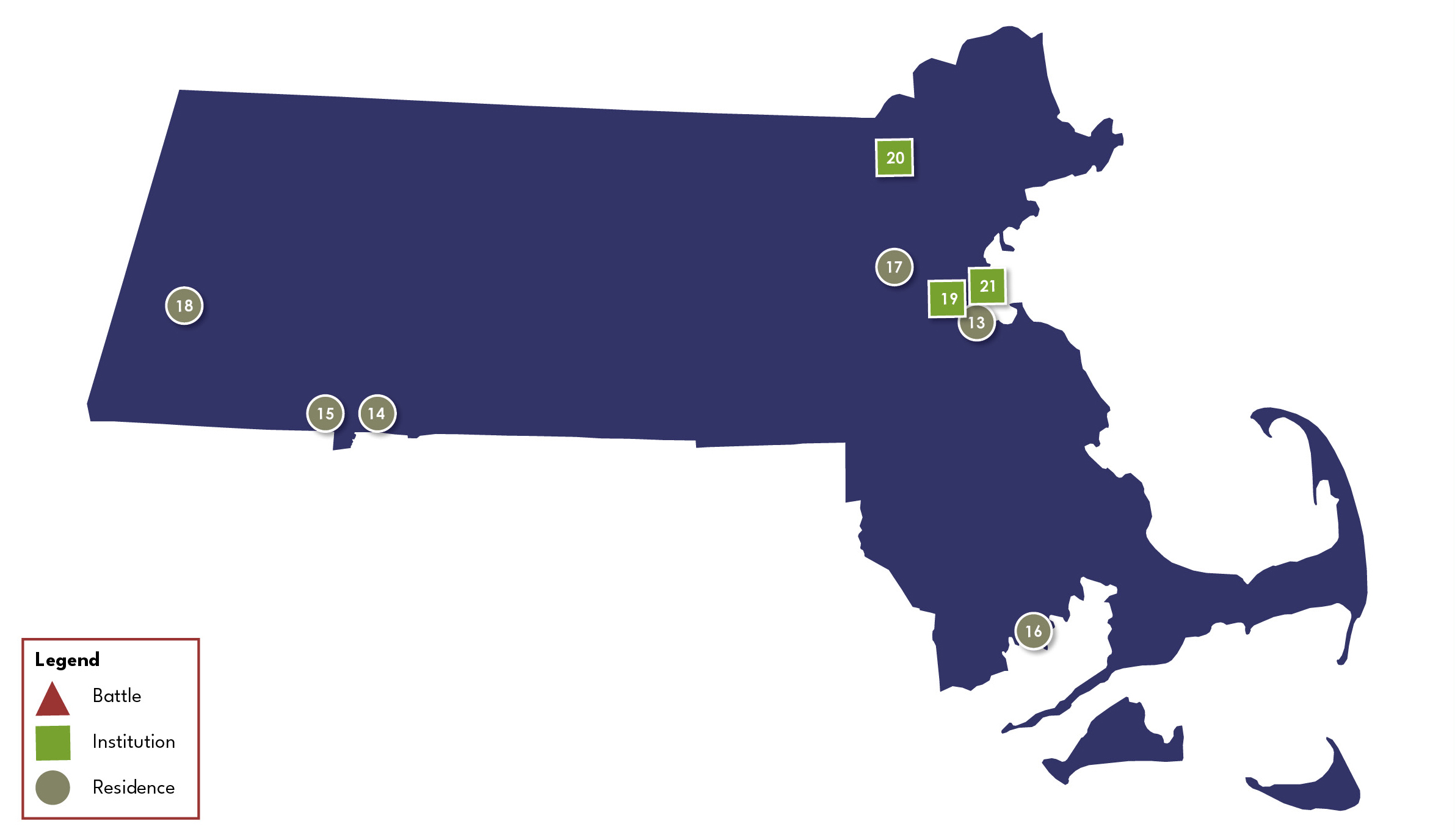 Map of Massachusetts, with pins for items 13-21. Text is on this web page.