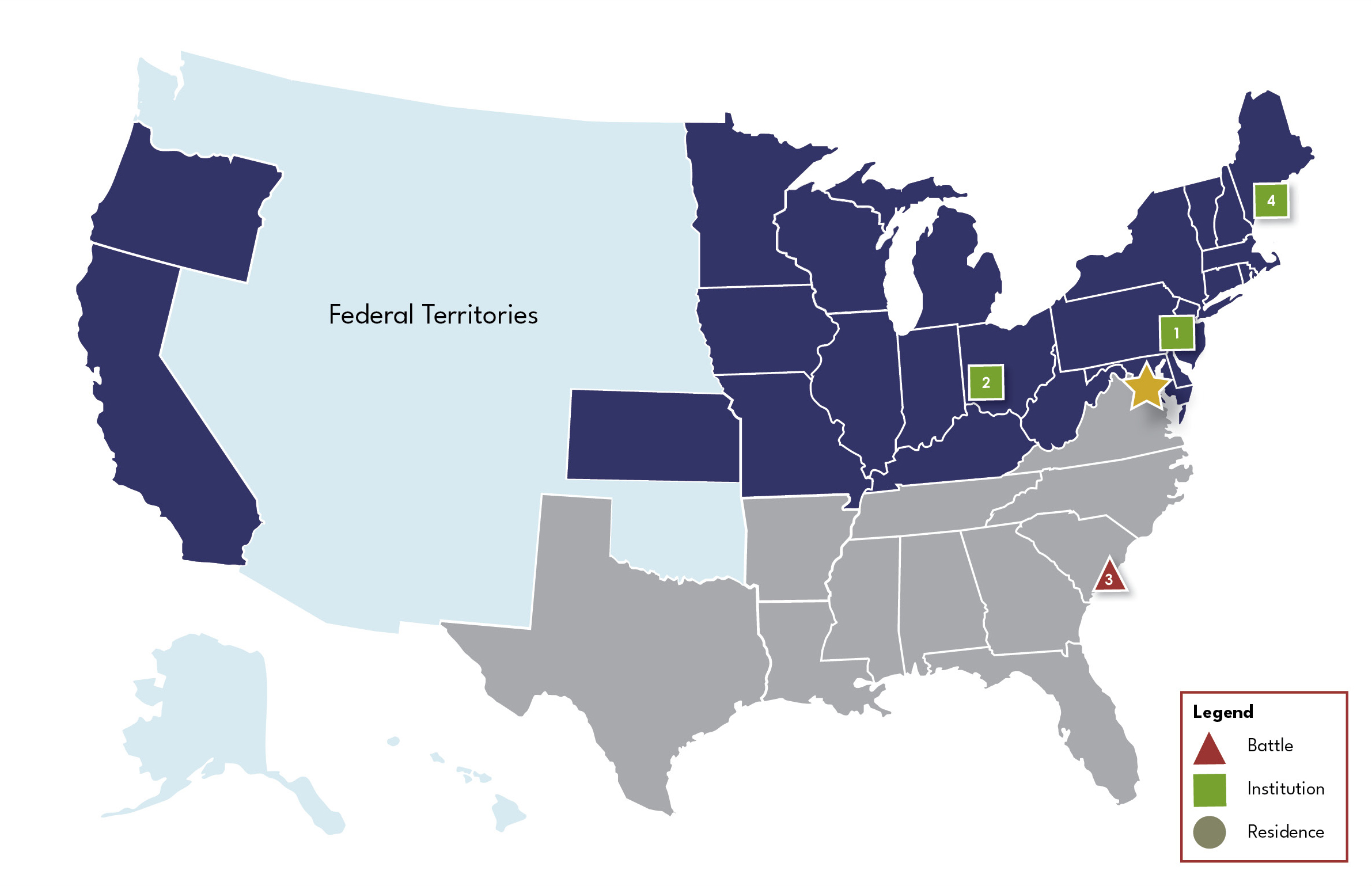 Map of Union and Confederate states, with pins for Washington DC, Philadelphia, Dayton, Fort Wagner South Carolina, and Togus Maine. Text is on this page.