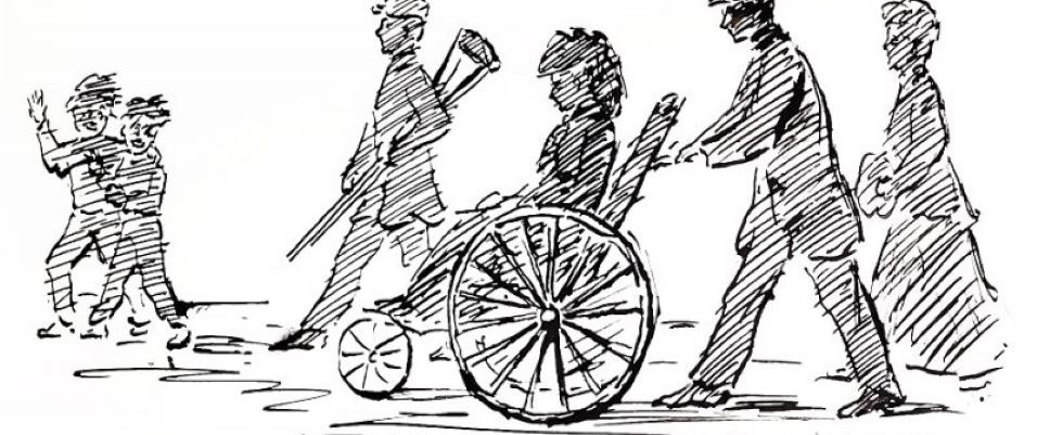 Pen-and-ink sketch of street scene with boy carrying crutch, man pushing woman in wheelchair, women's skirts are ankle length: 