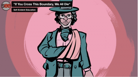 'If you cross this boundary, we all die.' A dark skinned woman disguised with glasses and a man's top-hat and suit, with a hand in a sling, drawn facing viewer"