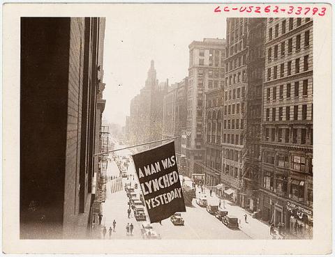 https://www.loc.gov/pictures/item/95517117/ Flag, announcing lynching, flown from the window of the NAACP headquarters on 69 Fifth Ave., New York City. 1936.