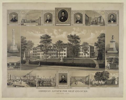 "A large print shows exterior and interior rooms of the first American School for the Deaf. Includes portraits of several early leaders. The print uses the original name, "American Asylum for Deaf and Dumb.""