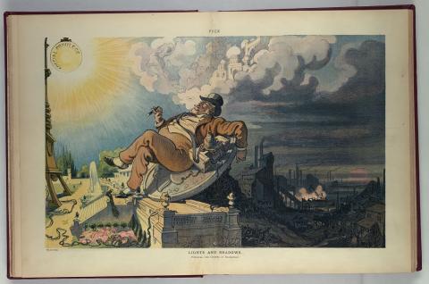 Illustration shows a fat businessman reclining on a large coin, basking in the bright light of "Special Privilege" while dreaming of castles in the air; on the other side of the coin is factory life in dark and polluted Pittsburgh, and where factory workers struggle to flip the coin blocking the light from their city and their lives.