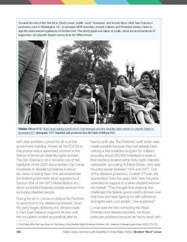 A screenshot from a book featuring a black-and-white photograph of three wheelchair users giving a speech in a park. One man on the left is Black and holding a microphone. Two women on the right are white and listening to the man's speech in support.