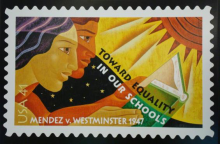 Postage stamp shows two students reading with text Mendez v. Westminster 1947. 