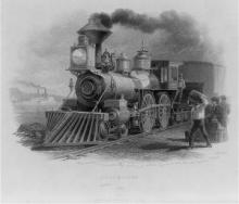 Black-and-white engraved image of a steam train locomotive, smoke billowing, with passengers waiting to board