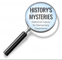 Magnifying glass with black handle shows words "History's Mysteries" in the lens