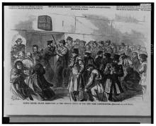 Many veterans and widows, all dressed in heavy coats and hats press the lone uniformed officer standing outside the U.S. Pensions Office. His billy club is raised. 