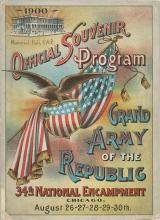 Official Souvenir Program of the Grand Army of the Republic 34th National Encampment, Chicago, August, 1900. A columned building Memorial Hall G.A.R is pictured. Also a bald eagle perched on a shield and flag with the stars and red and white stripes.