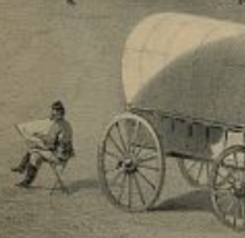 Soldiers march as a group, in a clearing surrounded by canvas tents and some horses and cannons. In the corner, an artist sits by a wagon as he draws the scene.