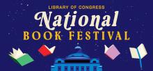 Logo of the National Book Festival shows the dome of the Library of Congress building and books in the air in a starlit sky