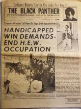 Black Panther Newspaper front page, with banner headline: Handicapped Win Demands - End H.E.W. Occupation - photos of black demonstrators in wheelchair, with sign